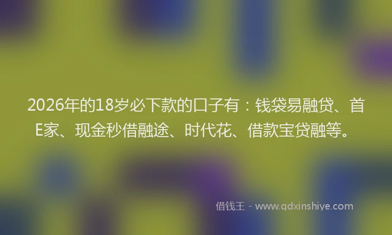 2026年的18岁必下款的口子有：钱袋易融贷、首E家、现金秒借融途、时代花、借款宝贷融等。
