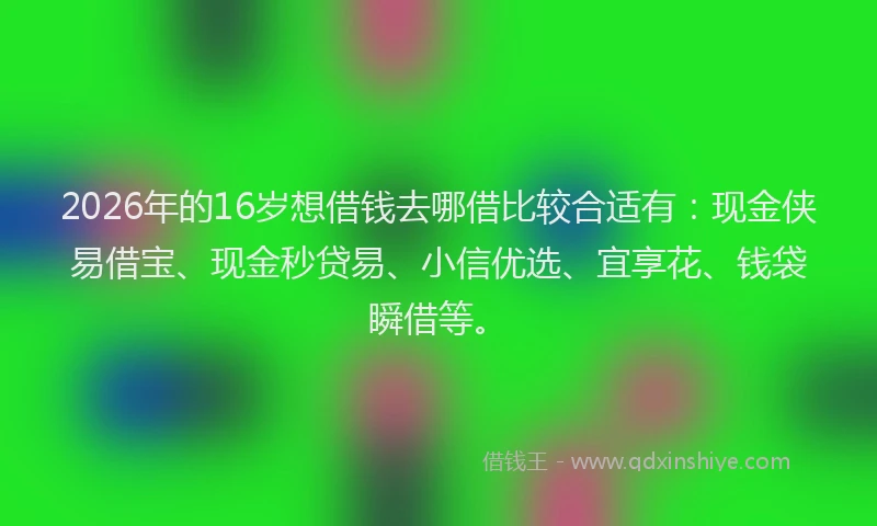 2026年的16岁想借钱去哪借比较合适有:现金侠易借宝、现金秒贷易、小信优选、宜享花、钱袋瞬借等。