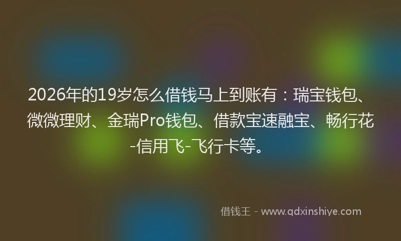 2026年的19岁怎么借钱马上到账有:瑞宝钱包、微微理财、金瑞Pro钱包、借款宝速融宝、畅行花-信用飞-飞行卡等。