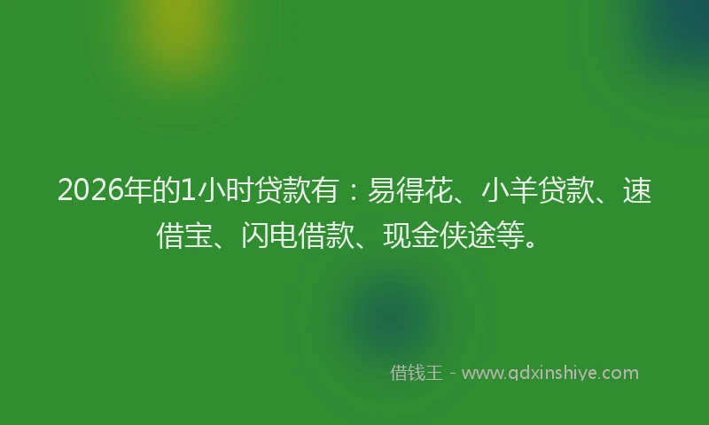 2026年的1小时贷款有：易得花、小羊贷款、速借宝、闪电借款、现金侠途等。