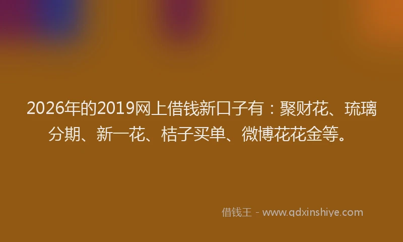 2026年的2019网上借钱新口子有：聚财花、琉璃分期、新一花、桔子买单、微博花花金等。