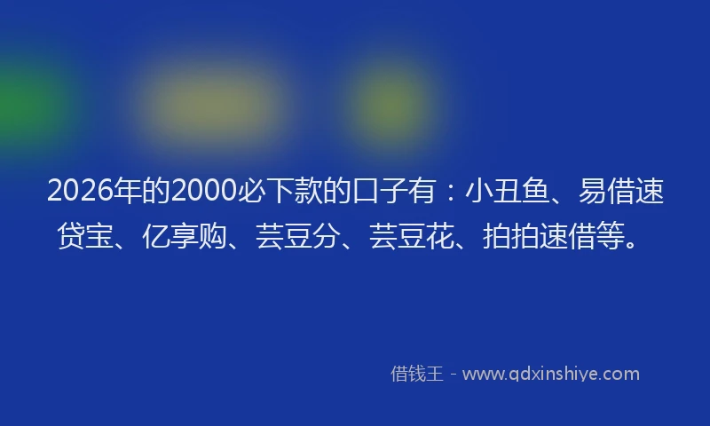 2026年的2000必下款的口子有：小丑鱼、易借速贷宝、亿享购、芸豆分、芸豆花、拍拍速借等。