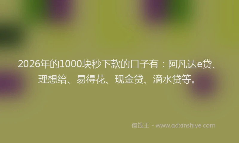 2026年的1000块秒下款的口子有:阿凡达e贷、理想给、易得花、现金贷、滴水贷等。