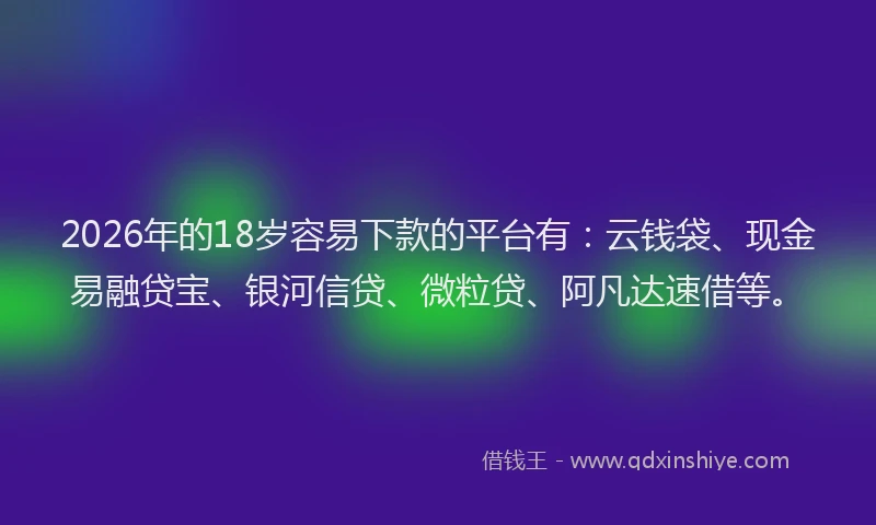 2026年的18岁容易下款的平台有：云钱袋、现金易融贷宝、银河信贷、微粒贷、阿凡达速借等。
