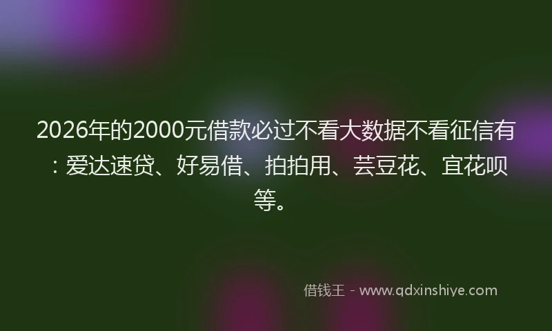 2026年的2000元借款必过不看大数据不看征信有：爱达速贷、好易借、拍拍用、芸豆花、宜花呗等。