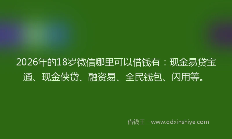 2026年的18岁微信哪里可以借钱有：现金易贷宝通、现金侠贷、融资易、全民钱包、闪用等。