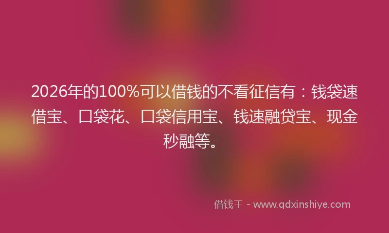 2026年的100%可以借钱的不看征信有:钱袋速借宝、口袋花、口袋信用宝、钱速融贷宝、现金秒融等。