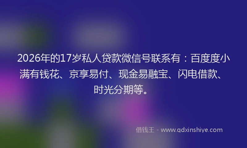 2026年的17岁私人贷款微信号联系有：百度度小满有钱花、京享易付、现金易融宝、闪电借款、时光分期等。