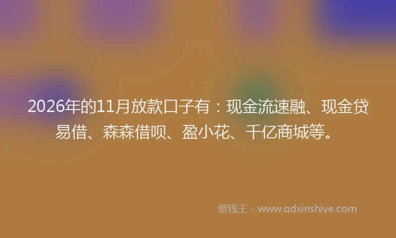 2026年的11月放款口子有:现金流速融、现金贷易借、森森借呗、盈小花、千亿商城等。