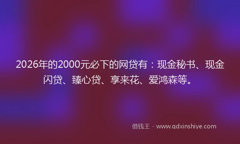 2026年的2000元必下的网贷有:现金秘书、现金闪贷、臻心贷、享来花、爱鸿森等。
