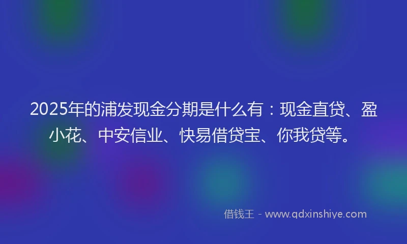 2025年的浦发现金分期是什么有：现金直贷、盈小花、中安信业、快易借贷宝、你我贷等。