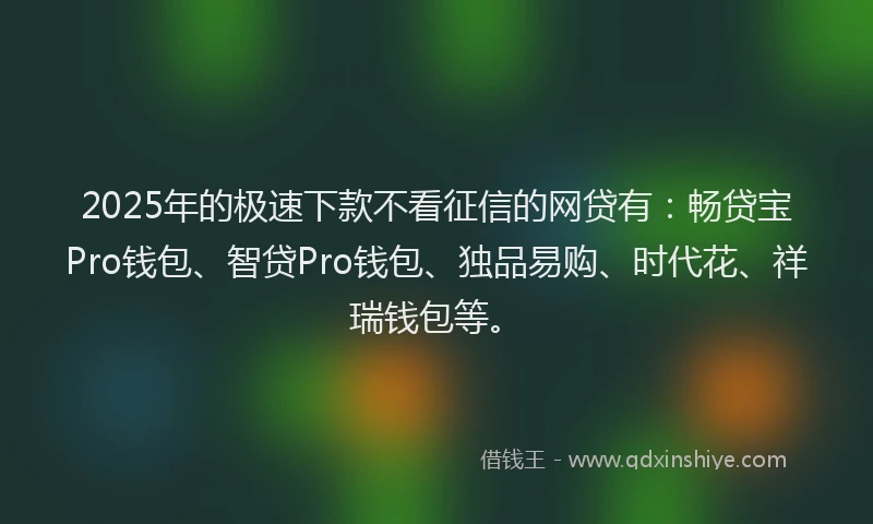 2025年的极速下款不看征信的网贷有:畅贷宝Pro钱包、智贷Pro钱包、独品易购、时代花、祥瑞钱包等。