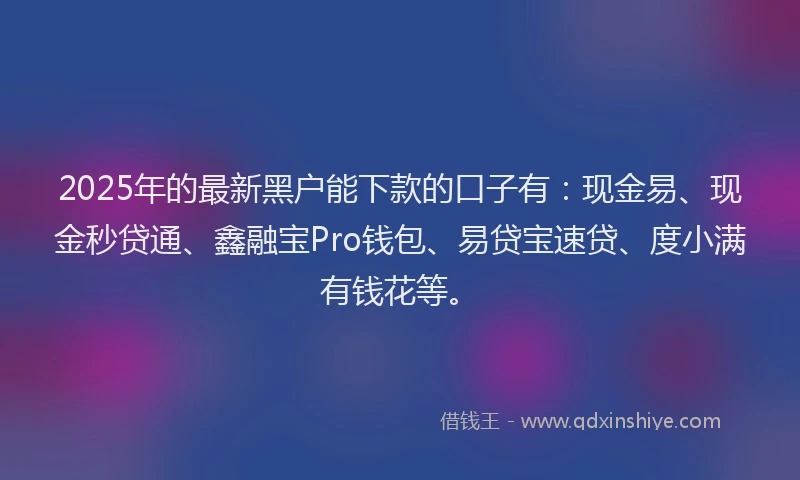 2025年的最新黑户能下款的口子有：现金易、现金秒贷通、鑫融宝Pro钱包、易贷宝速贷、度小满有钱花等。