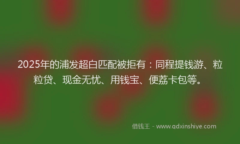2025年的浦发超白匹配被拒有：同程提钱游、粒粒贷、现金无忧、用钱宝、便荔卡包等。