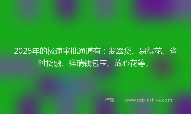 2025年的极速审批通道有：翡翠贷、易得花、省时贷融、祥瑞钱包宝、放心花等。