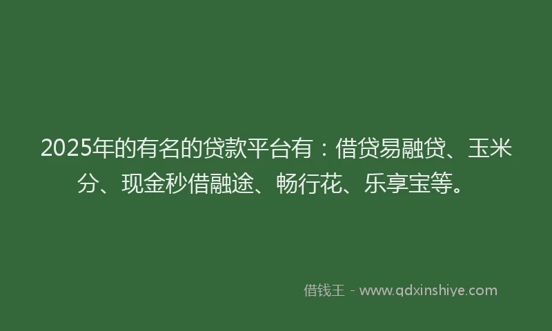 2025年的有名的贷款平台有：借贷易融贷、玉米分、现金秒借融途、畅行花、乐享宝等。