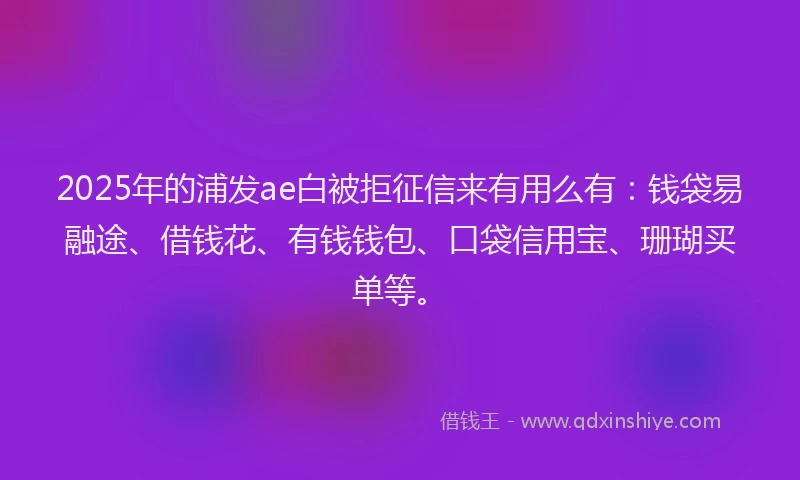 2025年的浦发ae白被拒征信来有用么有：钱袋易融途、借钱花、有钱钱包、口袋信用宝、珊瑚买单等。