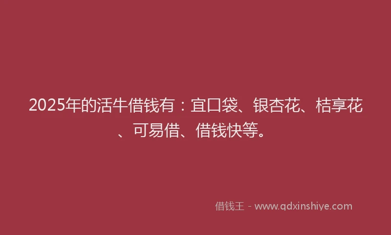 2025年的活牛借钱有：宜口袋、银杏花、桔享花、可易借、借钱快等。