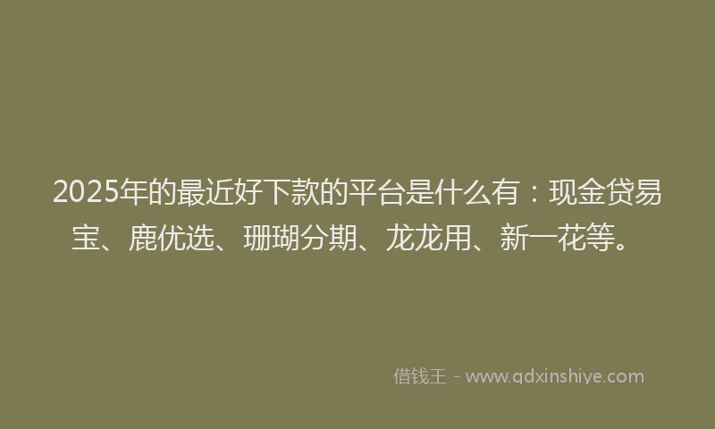 2025年的最近好下款的平台是什么有：现金贷易宝、鹿优选、珊瑚分期、龙龙用、新一花等。