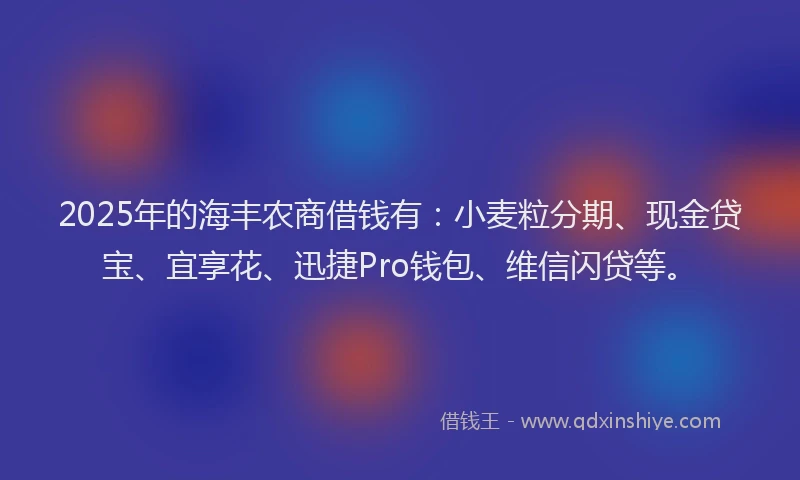 2025年的海丰农商借钱有:小麦粒分期、现金贷宝、宜享花、迅捷Pro钱包、维信闪贷等。