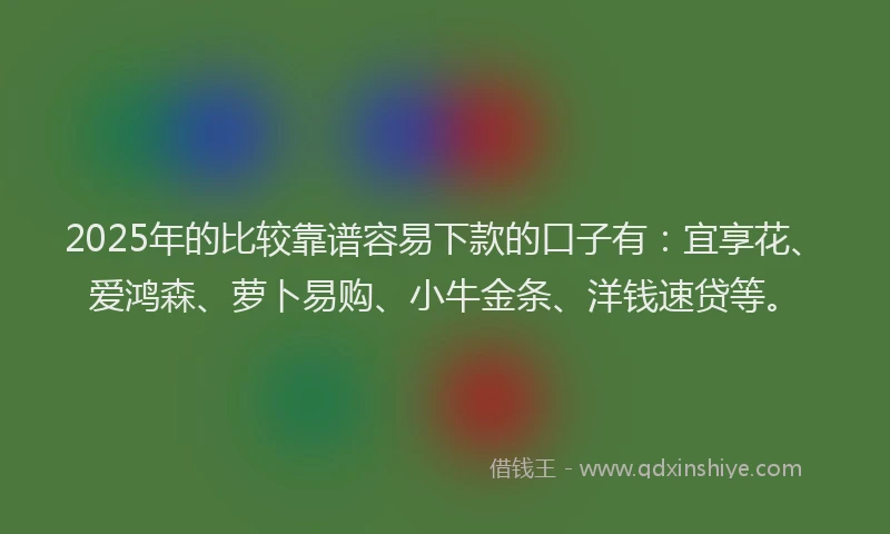 2025年的比较靠谱容易下款的口子有：宜享花、爱鸿森、萝卜易购、小牛金条、洋钱速贷等。
