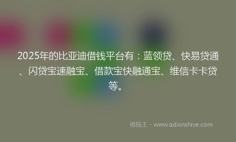 2025年的比亚迪借钱平台有:蓝领贷、快易贷通、闪贷宝速融宝、借款宝快融通宝、维信卡卡贷等。