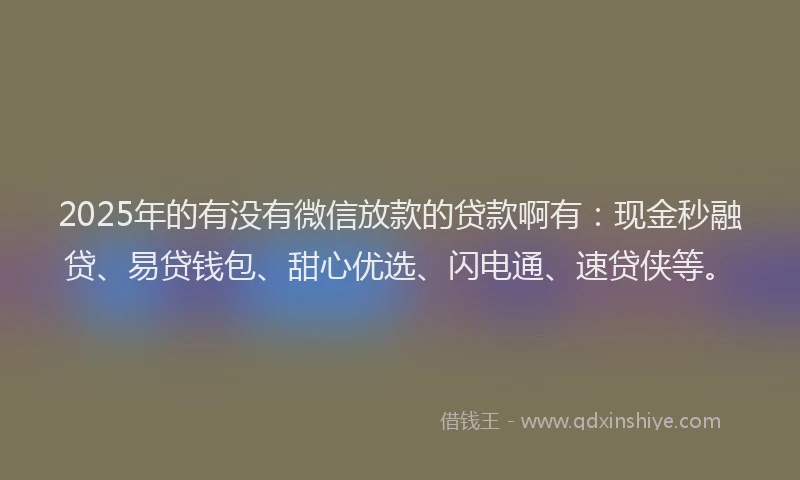 2025年的有没有微信放款的贷款啊有：现金秒融贷、易贷钱包、甜心优选、闪电通、速贷侠等。