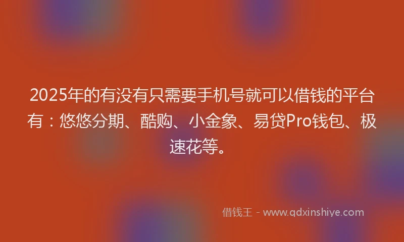 2025年的有没有只需要手机号就可以借钱的平台有:悠悠分期、酷购、小金象、易贷Pro钱包、极速花等。