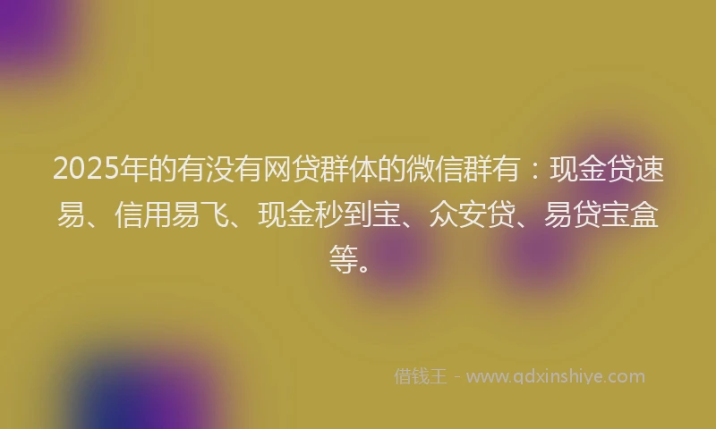 2025年的有没有网贷群体的微信群有：现金贷速易、信用易飞、现金秒到宝、众安贷、易贷宝盒等。