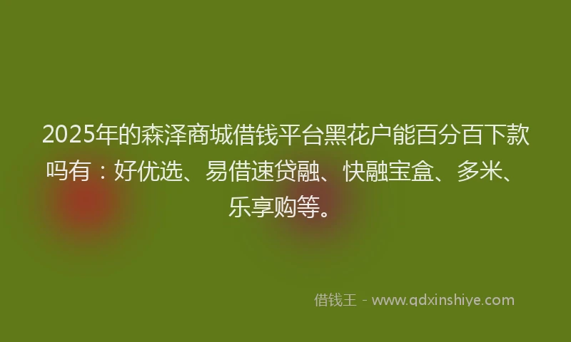2025年的森泽商城借钱平台黑花户能百分百下款吗有:好优选、易借速贷融、快融宝盒、多米、乐享购等。