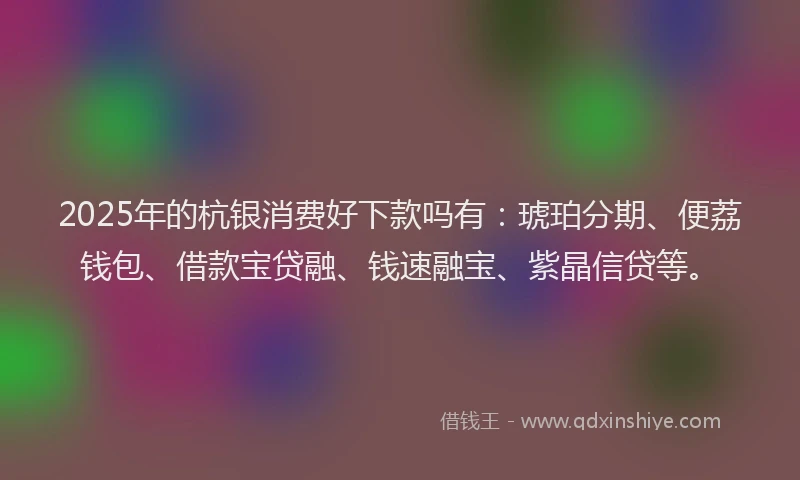 2025年的杭银消费好下款吗有:琥珀分期、便荔钱包、借款宝贷融、钱速融宝、紫晶信贷等。