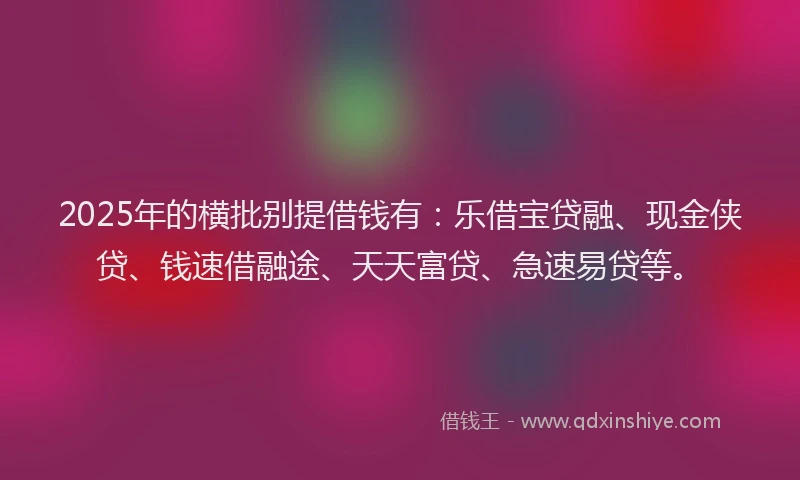 2025年的横批别提借钱有：乐借宝贷融、现金侠贷、钱速借融途、天天富贷、急速易贷等。
