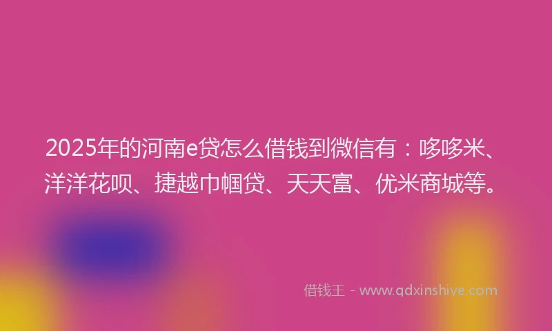 2025年的河南e贷怎么借钱到微信有：哆哆米、洋洋花呗、捷越巾帼贷、天天富、优米商城等。