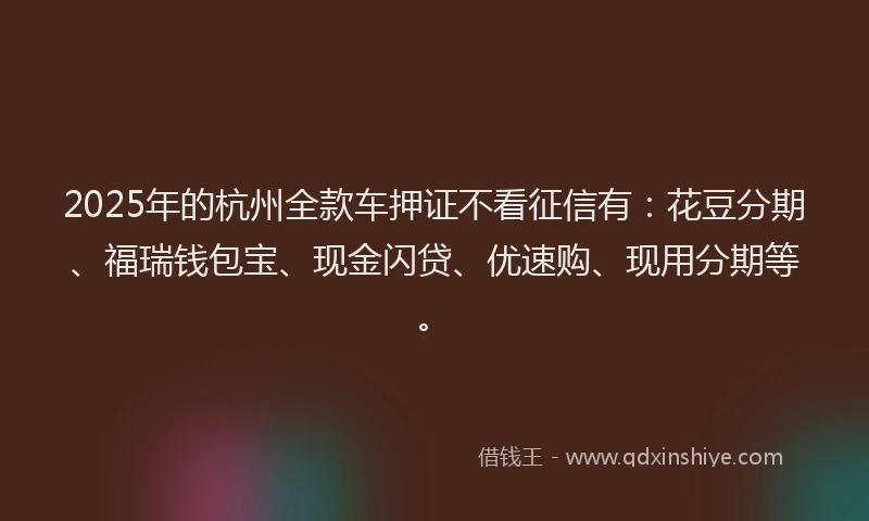 2025年的杭州全款车押证不看征信有:花豆分期、福瑞钱包宝、现金闪贷、优速购、现用分期等。