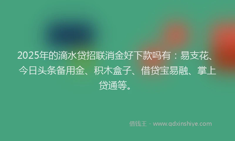 2025年的滴水贷招联消金好下款吗有：易支花、今日头条备用金、积木盒子、借贷宝易融、掌上贷通等。