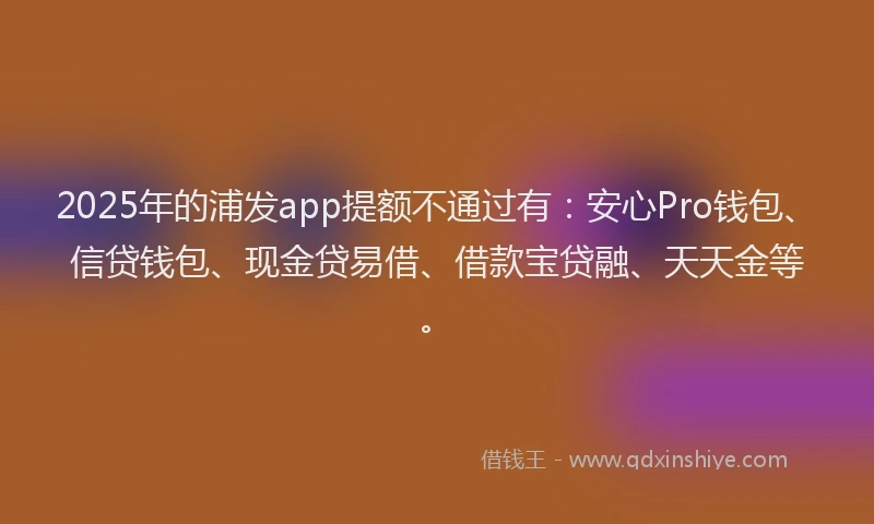 2025年的浦发app提额不通过有：安心Pro钱包、信贷钱包、现金贷易借、借款宝贷融、天天金等。