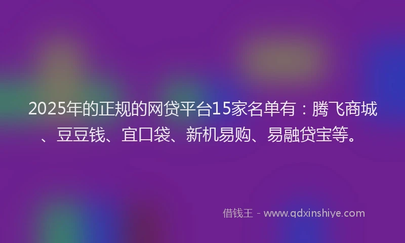 2025年的正规的网贷平台15家名单有：腾飞商城、豆豆钱、宜口袋、新机易购、易融贷宝等。