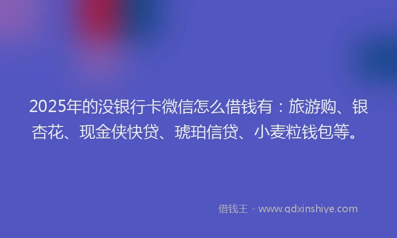 2025年的没银行卡微信怎么借钱有：旅游购、银杏花、现金侠快贷、琥珀信贷、小麦粒钱包等。