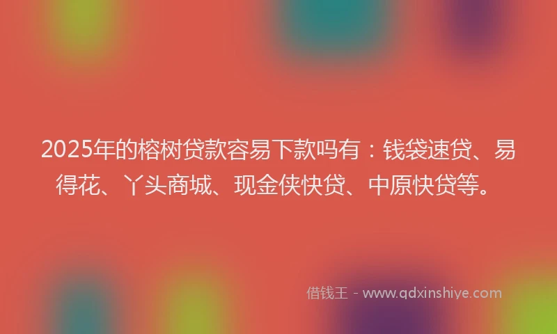 2025年的榕树贷款容易下款吗有：钱袋速贷、易得花、丫头商城、现金侠快贷、中原快贷等。