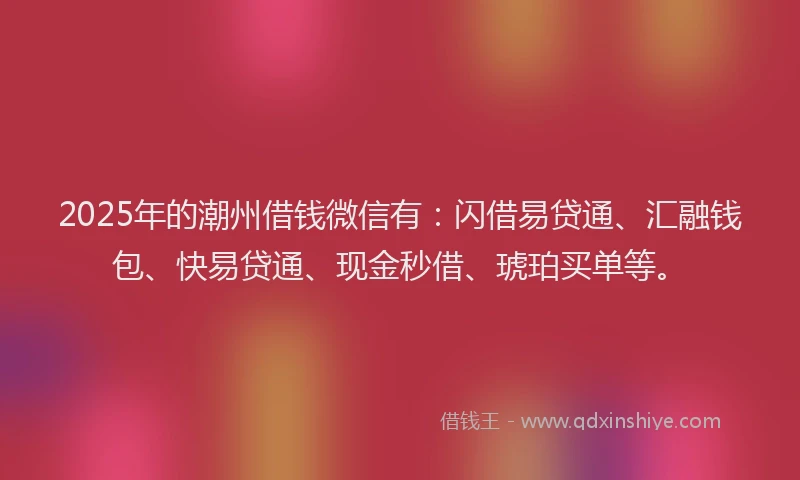 2025年的潮州借钱微信有：闪借易贷通、汇融钱包、快易贷通、现金秒借、琥珀买单等。