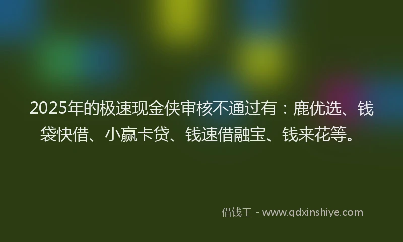 2025年的极速现金侠审核不通过有：鹿优选、钱袋快借、小赢卡贷、钱速借融宝、钱来花等。