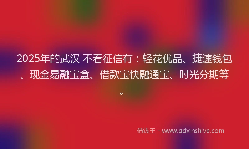 2025年的武汉 不看征信有：轻花优品、捷速钱包、现金易融宝盒、借款宝快融通宝、时光分期等。