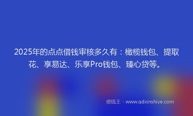 2025年的点点借钱审核多久有：橄榄钱包、提取花、享易达、乐享Pro钱包、臻心贷等。