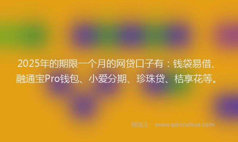 2025年的期限一个月的网贷口子有:钱袋易借、融通宝Pro钱包、小爱分期、珍珠贷、桔享花等。