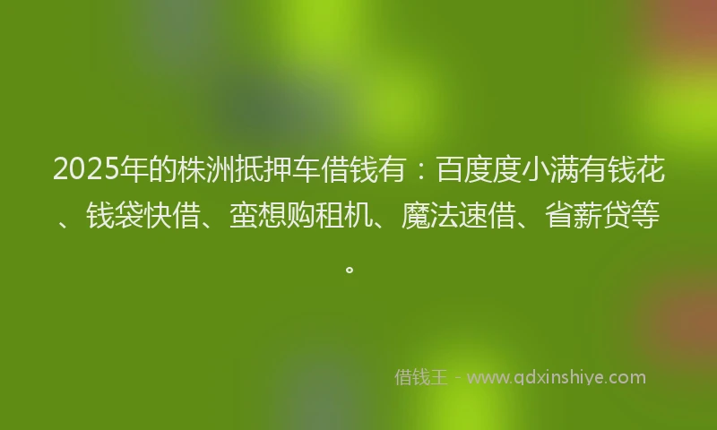 2025年的株洲抵押车借钱有：百度度小满有钱花、钱袋快借、蛮想购租机、魔法速借、省薪贷等。