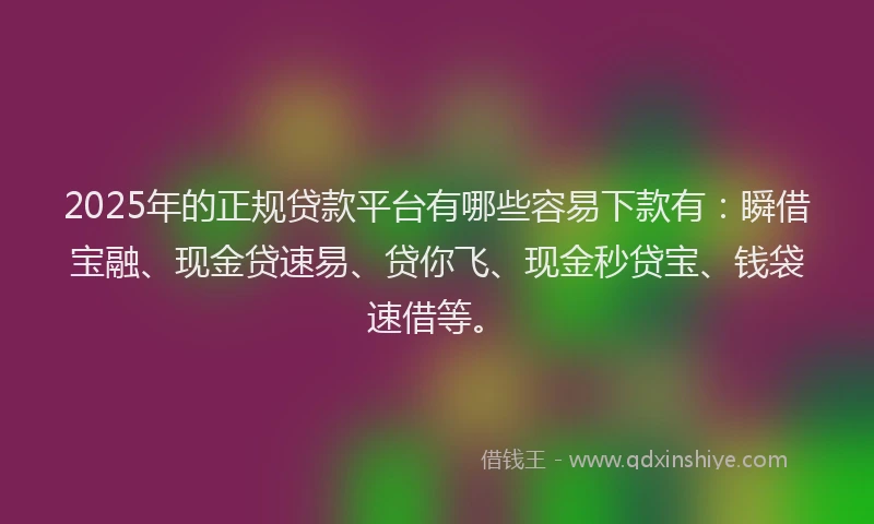 2025年的正规贷款平台有哪些容易下款有：瞬借宝融、现金贷速易、贷你飞、现金秒贷宝、钱袋速借等。