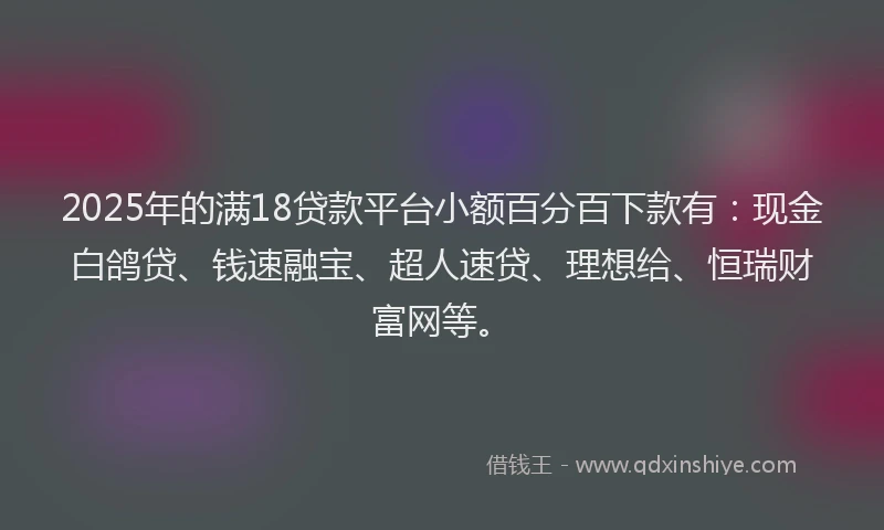 2025年的满18贷款平台小额百分百下款有：现金白鸽贷、钱速融宝、超人速贷、理想给、恒瑞财富网等。