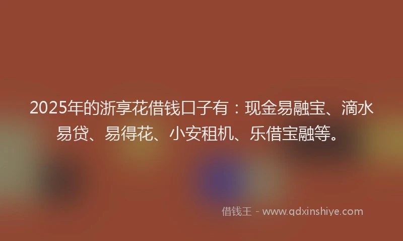 2025年的浙享花借钱口子有：现金易融宝、滴水易贷、易得花、小安租机、乐借宝融等。
