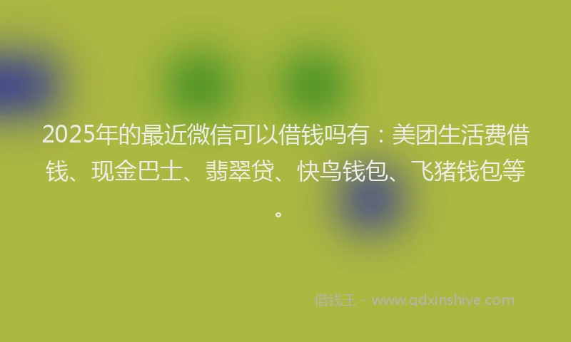 2025年的最近微信可以借钱吗有:美团生活费借钱、现金巴士、翡翠贷、快鸟钱包、飞猪钱包等。