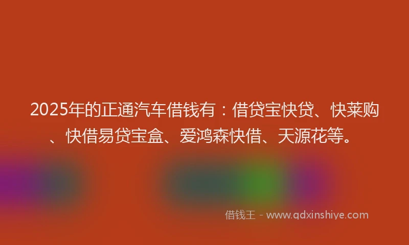 2025年的正通汽车借钱有：借贷宝快贷、快莱购、快借易贷宝盒、爱鸿森快借、天源花等。